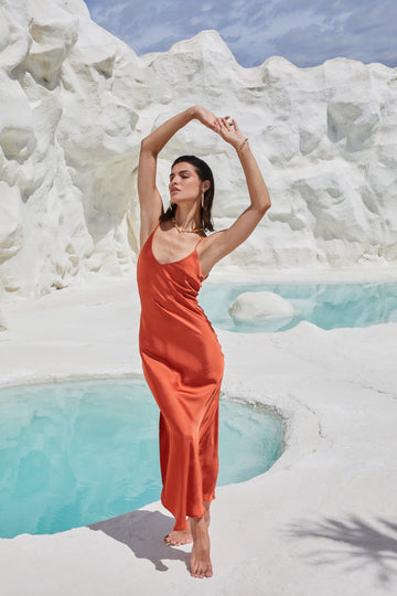 Valentina Long Satin Dress Burnt Sienna