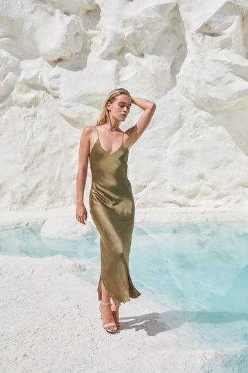 Valentina Long Satin Dress Olive Branch