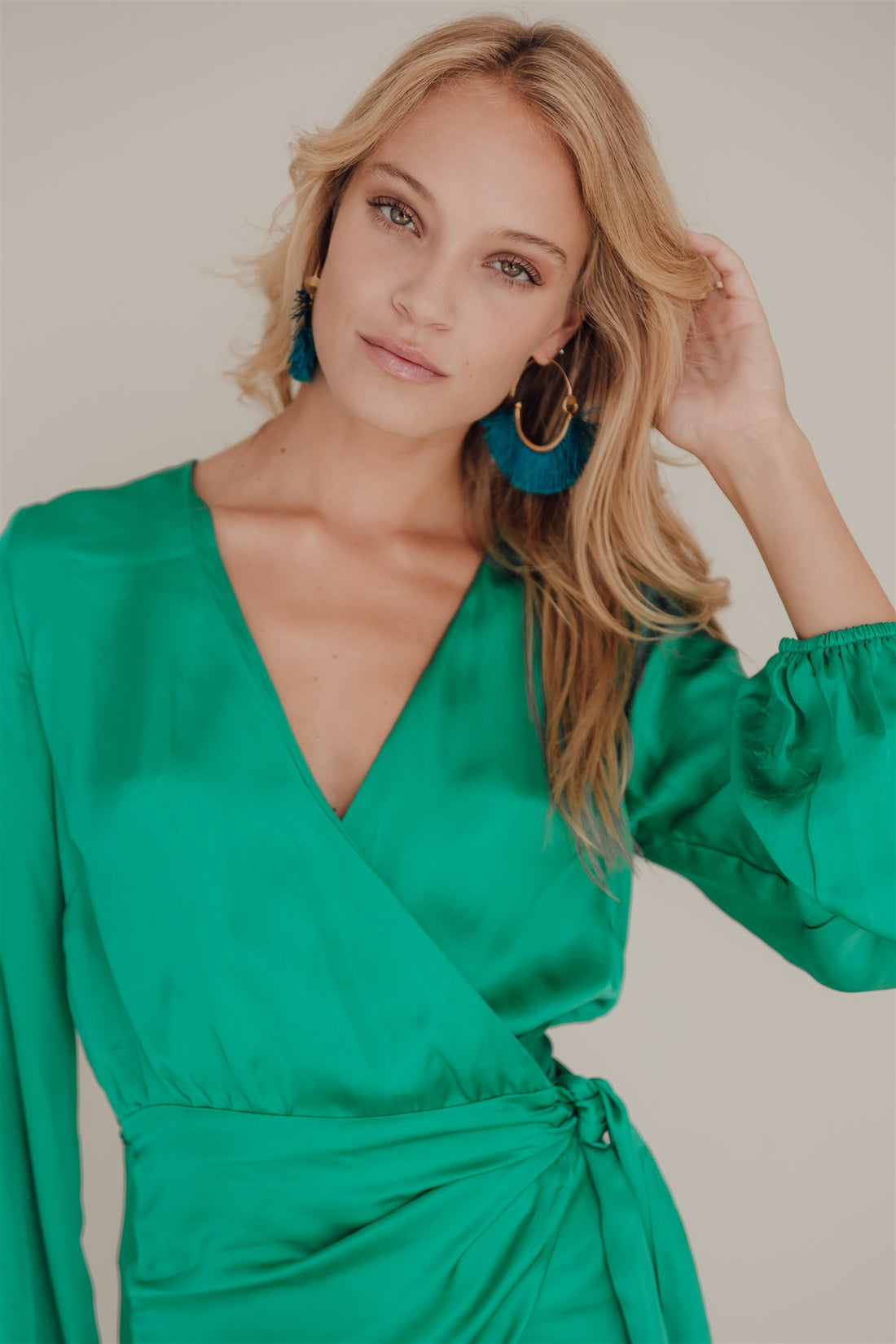 Kirana Satin Wrap Short Dress Emerald